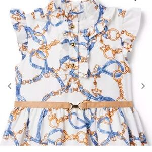 Janie and Jack White Dress with Blue and Gold Chain Print